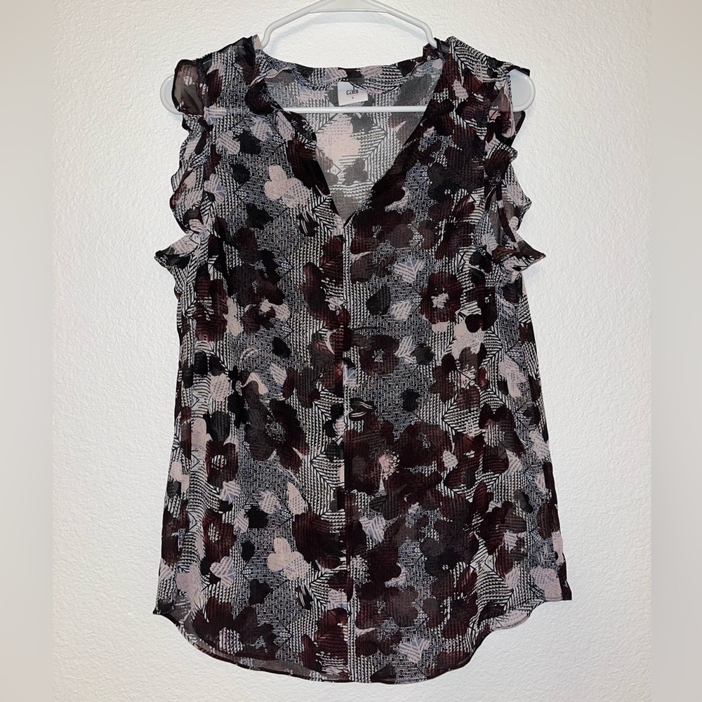CAbi Black and Mauve Floral Ruffle Sleeve V-Neck Blouse